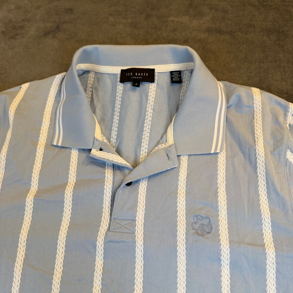 Ted Baker Kimbell Polo Shirt Mens (4) Large Light Blue Textured Vertical Stripe